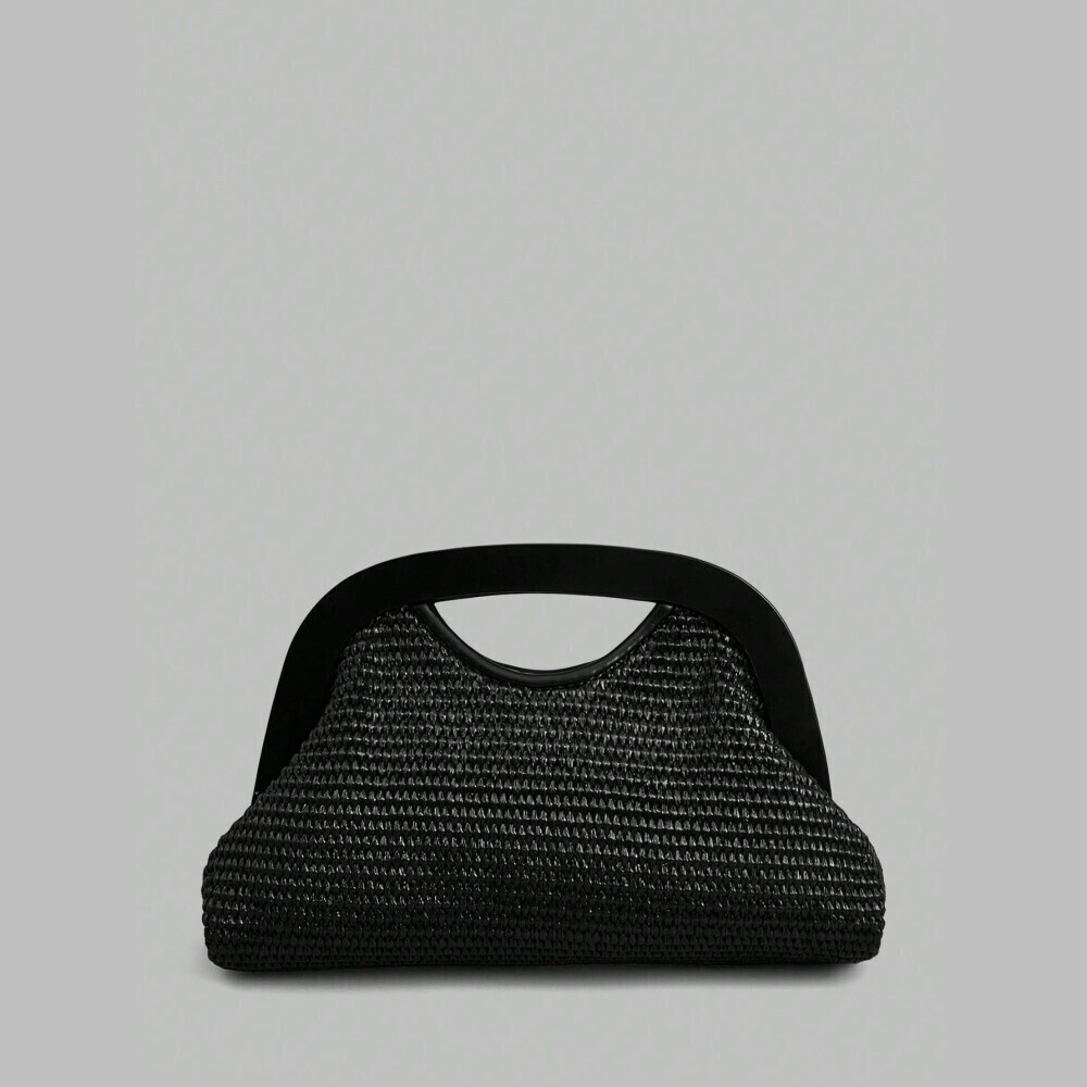 Black Woven Clutch Faux Leather with Elegant Top-Handle